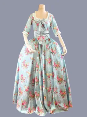 Green  Retro Tudor Dress Costumes  Women's Floral Print Ruffles Bows Polyester Tunic Dress Marie Antoinette Costume Retro Party 